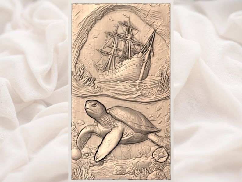 Sea Turtle and Tall Ship Two-Scene Ocean Relief STL bas-relief STL — view 3