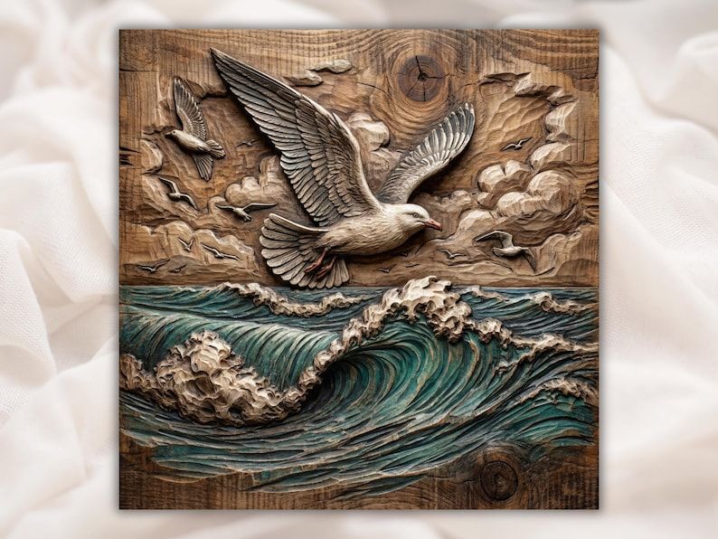 Carved wood relief of a seagull flying over a breaking ocean wave with clouds and distant birds
