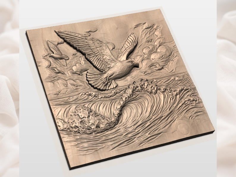 Soaring Seagull Over Cresting Ocean Waves Bas-Relief STL bas-relief STL — view 2