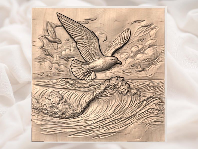 Soaring Seagull Over Cresting Ocean Waves Bas-Relief STL bas-relief STL — view 3