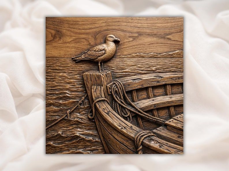 Bas-relief wood carving of a seagull standing on a post by an old rope-tied fishing boat over rippling sea