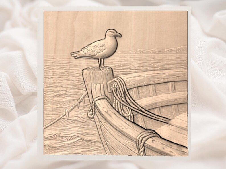 Seagull Perched on a Weathered Fishing Boat Relief STL bas-relief STL — view 2