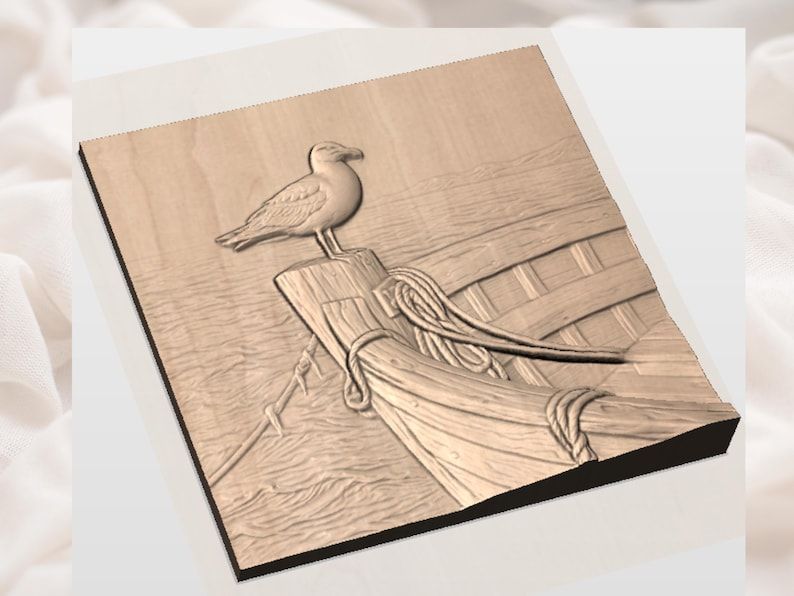Seagull Perched on a Weathered Fishing Boat Relief STL bas-relief STL — view 3