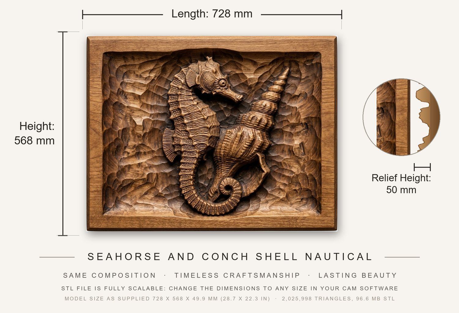Seahorse and Conch Shell Nautical CNC Relief STL bas-relief STL — view 3