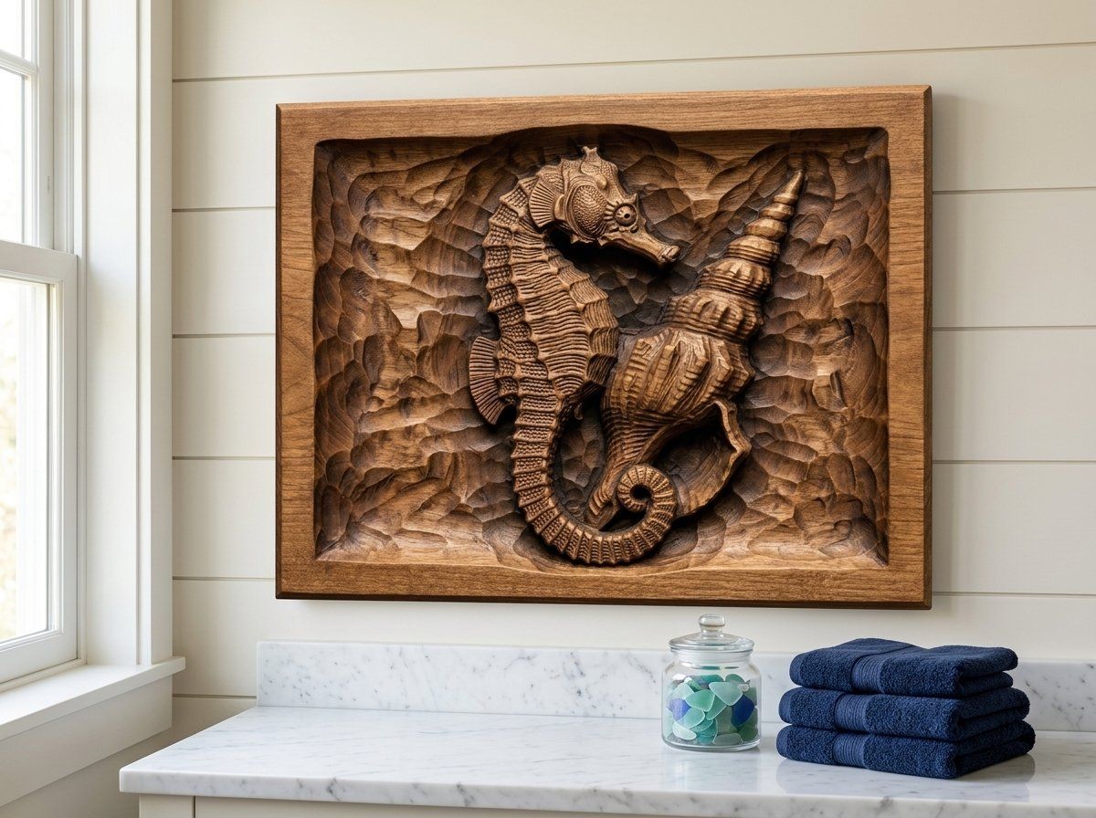 Seahorse and Conch Shell Nautical CNC Relief STL bas-relief STL — view 13