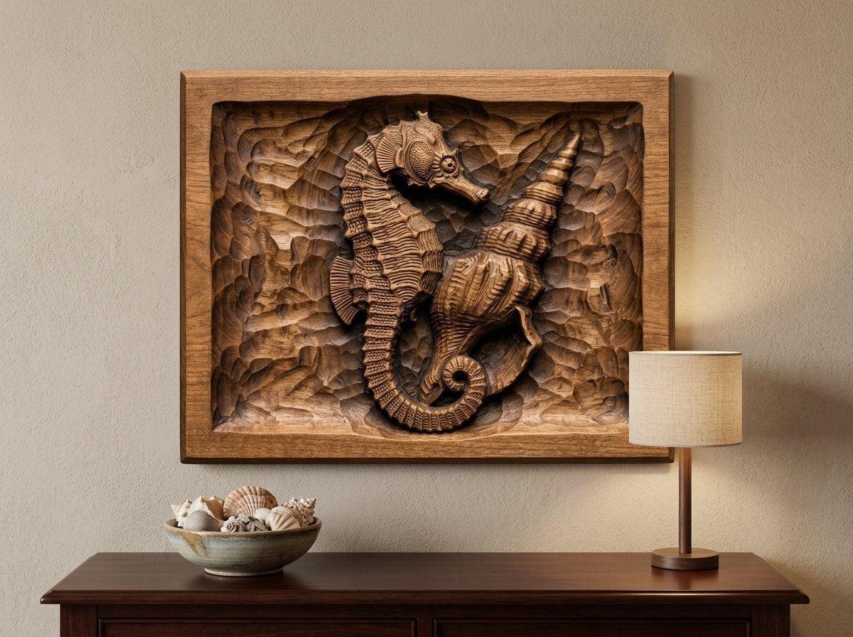 Seahorse and Conch Shell Nautical CNC Relief STL bas-relief STL — view 14