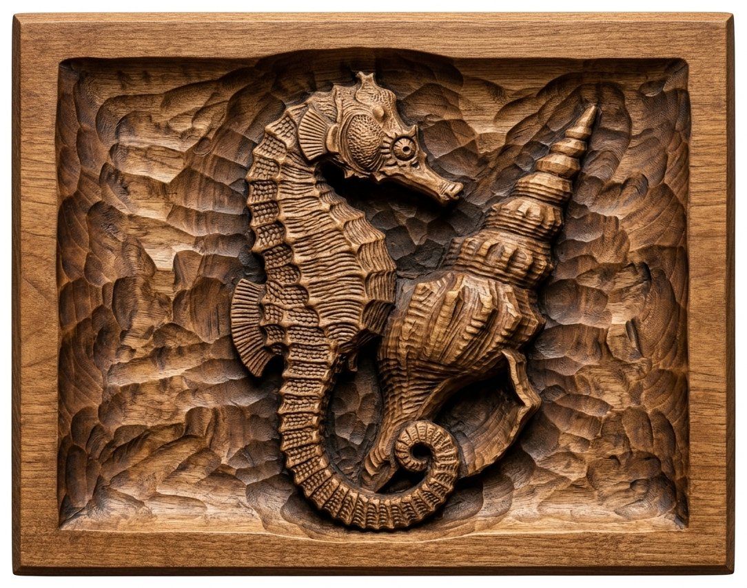 Seahorse and Conch Shell Nautical CNC Relief STL bas-relief STL — view 4