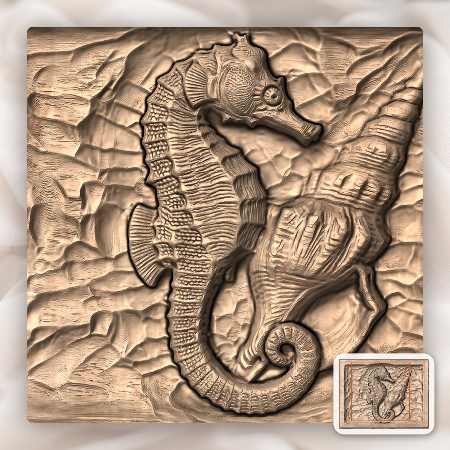 Seahorse and Conch Shell Nautical CNC Relief STL bas-relief STL — view 7