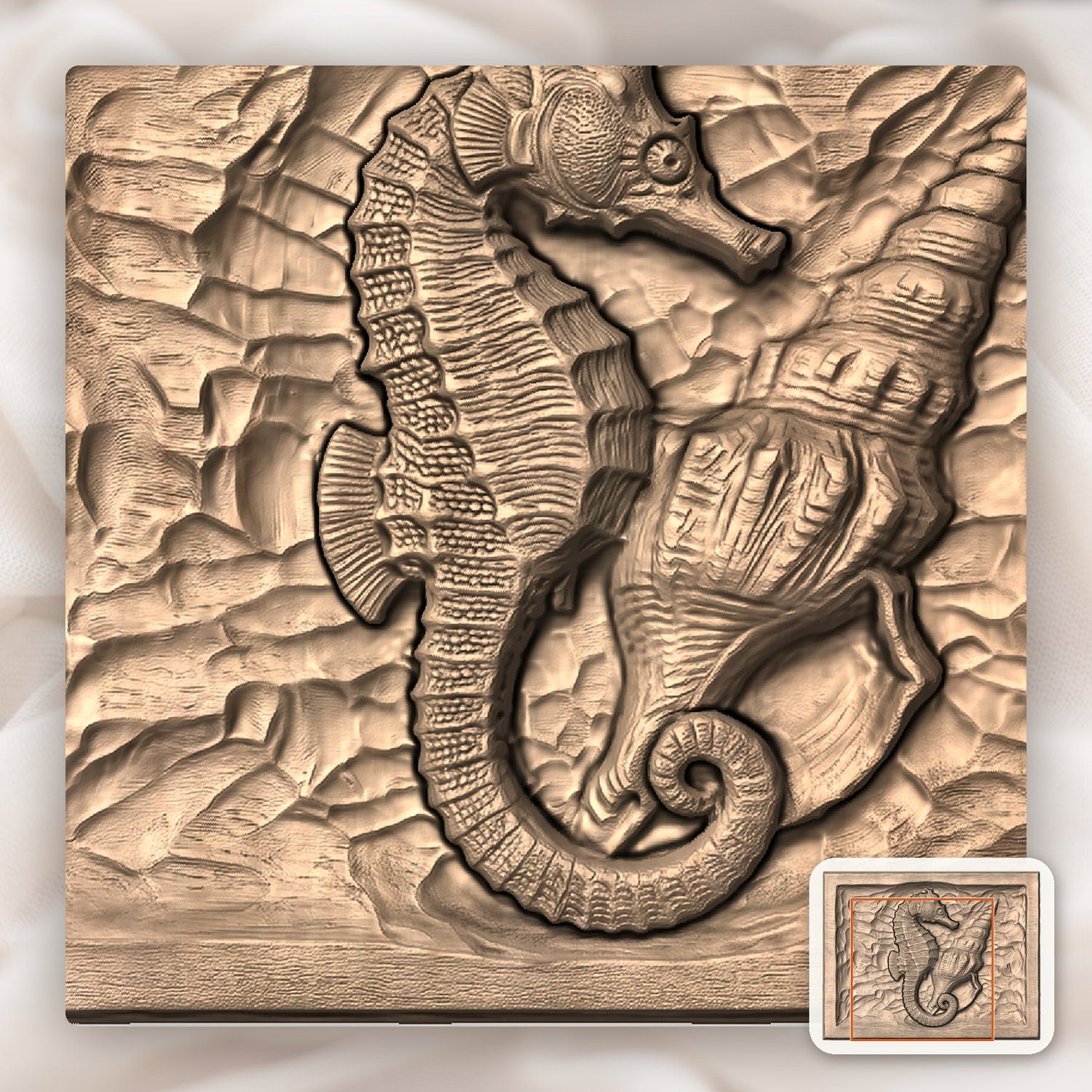 Seahorse and Conch Shell Nautical CNC Relief STL bas-relief STL — view 8