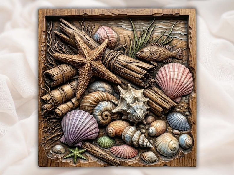 Carved wood relief of seashells, a starfish, driftwood, conch shells, sea grass, and a small fish in a frame.