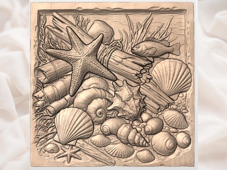 Seashells, Starfish & Driftwood Coastal Beach Relief STL bas-relief STL — view 2