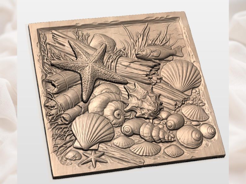 Seashells, Starfish & Driftwood Coastal Beach Relief STL bas-relief STL — view 3