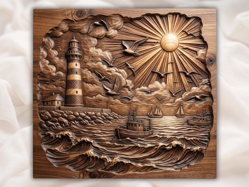 Carved wood relief of a lighthouse, rocky harbor, fishing boats, seagulls and sunburst over ocean waves