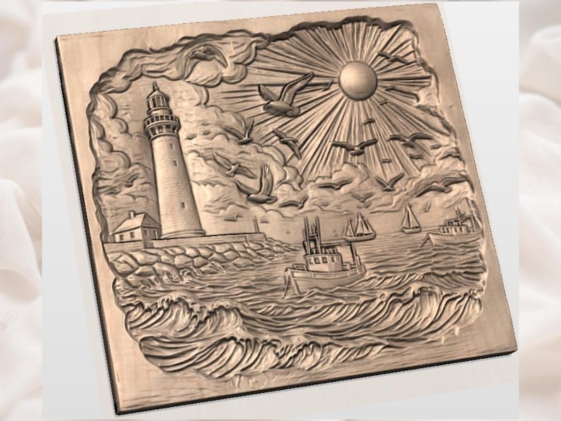 Lighthouse Harbor Seascape with Sunburst and Fishing Boats STL bas-relief STL — view 2