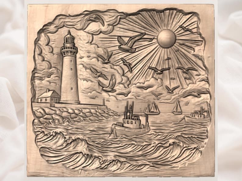 Lighthouse Harbor Seascape with Sunburst and Fishing Boats STL bas-relief STL — view 3