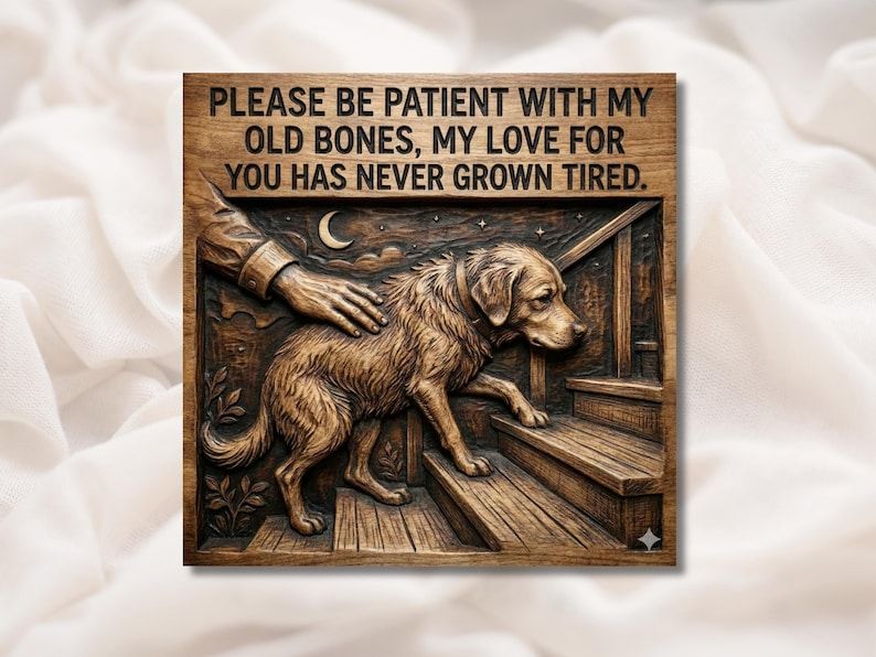 Bas-relief carving of an old dog on porch steps with a hand on his back and the Old Bones memorial quote.