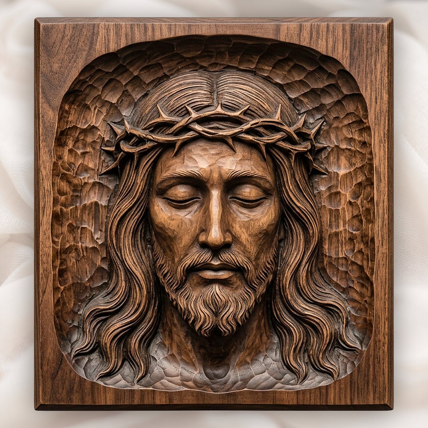 Serene Jesus Christ Crown of Thorns Wood Panel CNC Relief STL bas-relief STL design