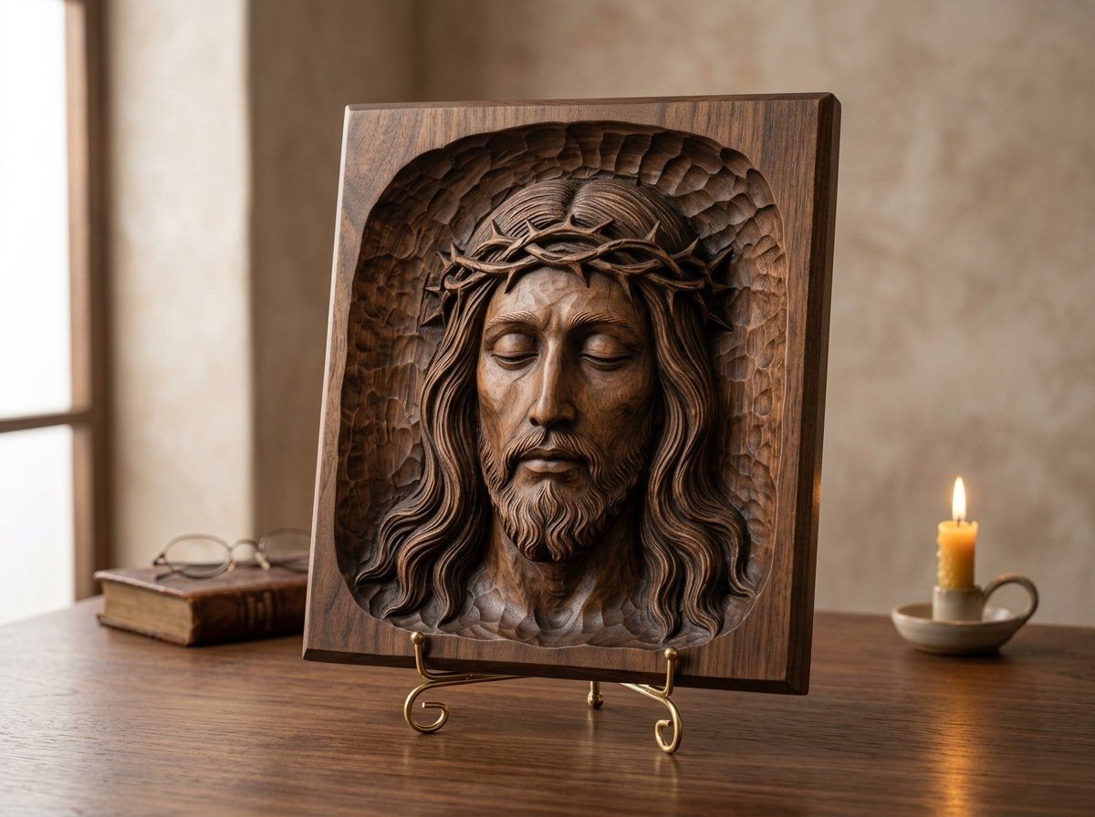Serene Jesus Christ Crown of Thorns Wood Panel CNC Relief STL bas-relief STL — view 15