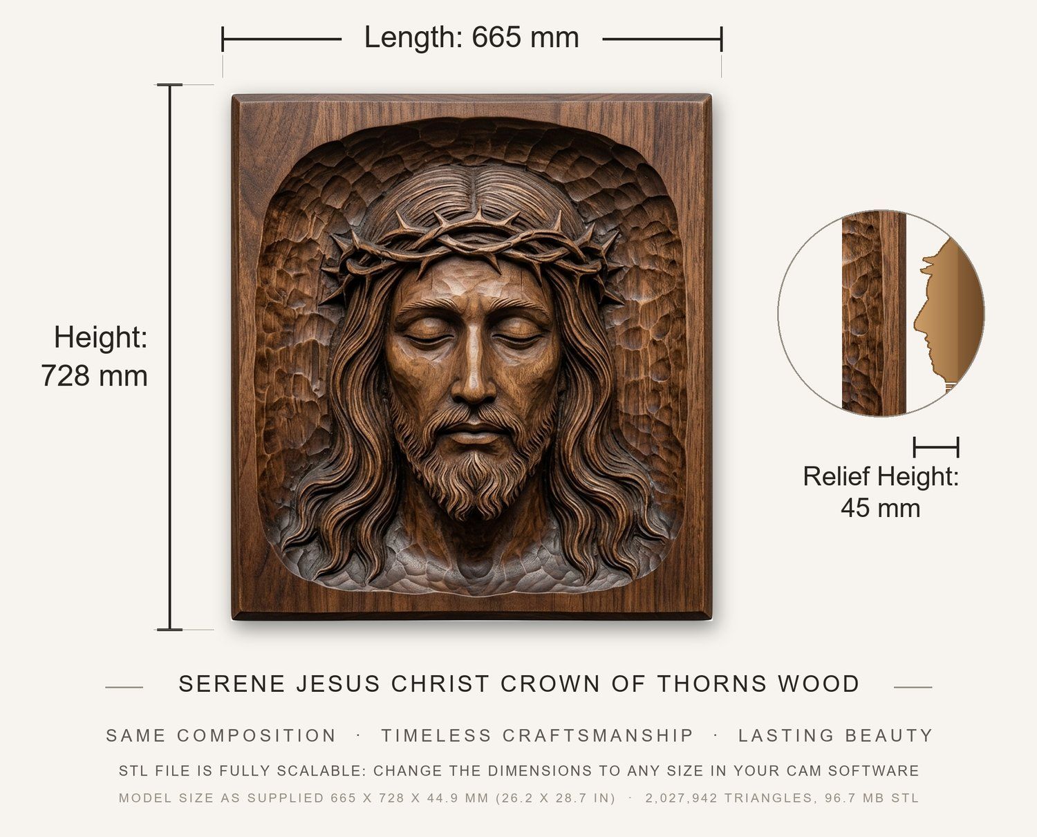 Serene Jesus Christ Crown of Thorns Wood Panel CNC Relief STL bas-relief STL — view 3