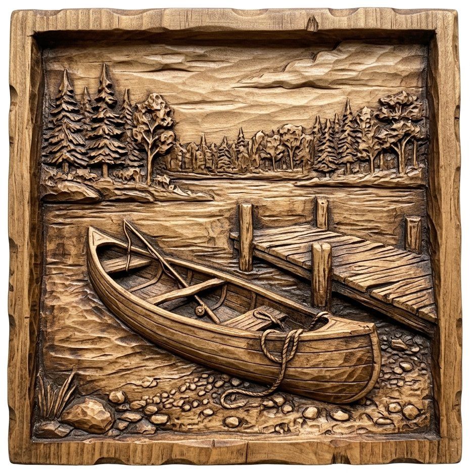 Serene Lakeside Canoe Wall Art | Rustic Fishing Dock Relief | Outdoor Nature Wood Carving | Pine Forest Cabin Decor — carved bas relief STL file for CNC