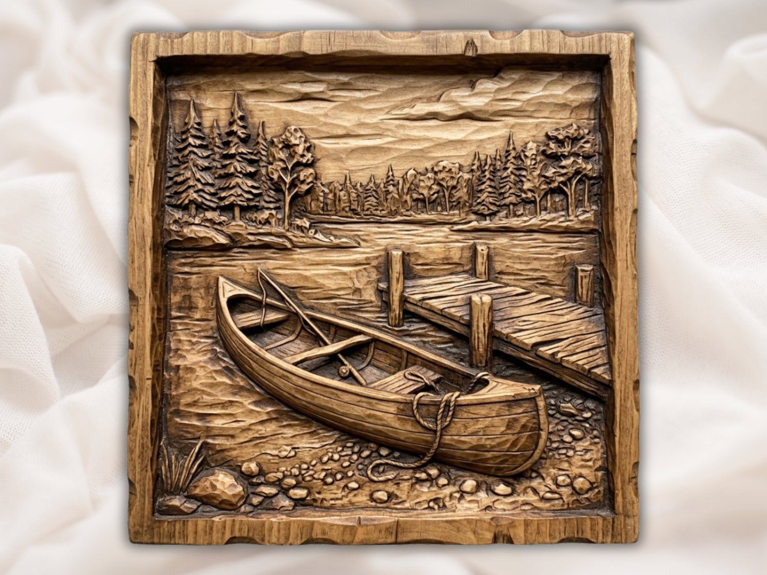 Serene Lakeside Canoe Wall Art bas-relief STL — view 2
