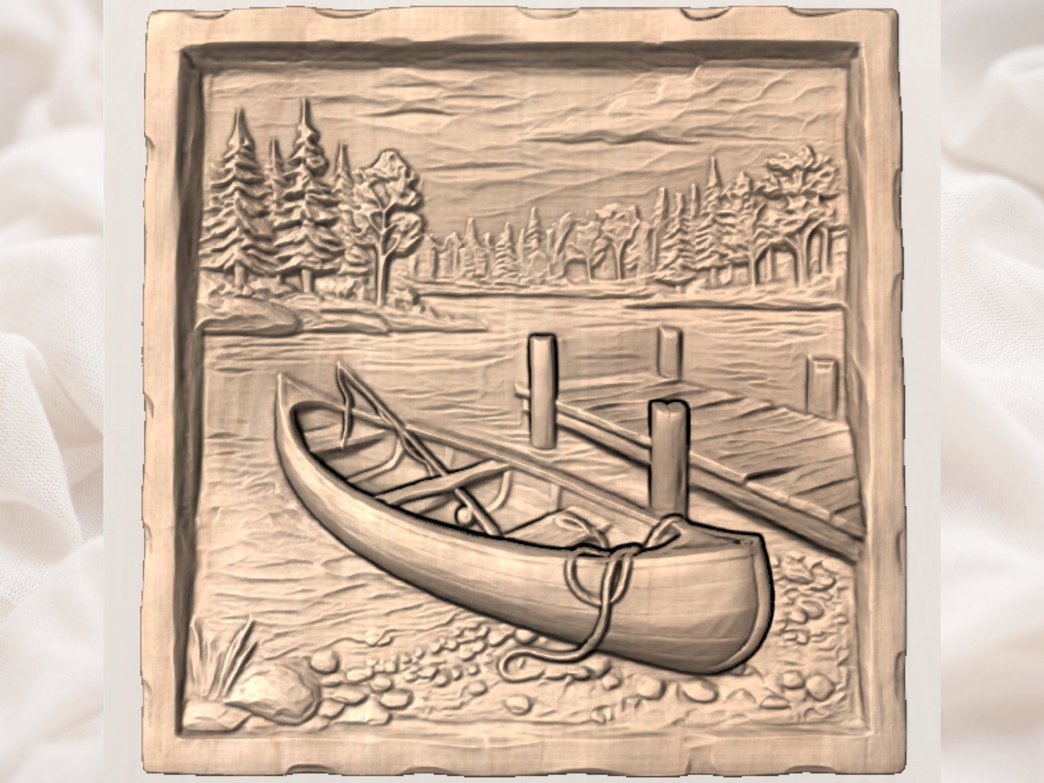 Serene Lakeside Canoe Wall Art bas-relief STL — view 3
