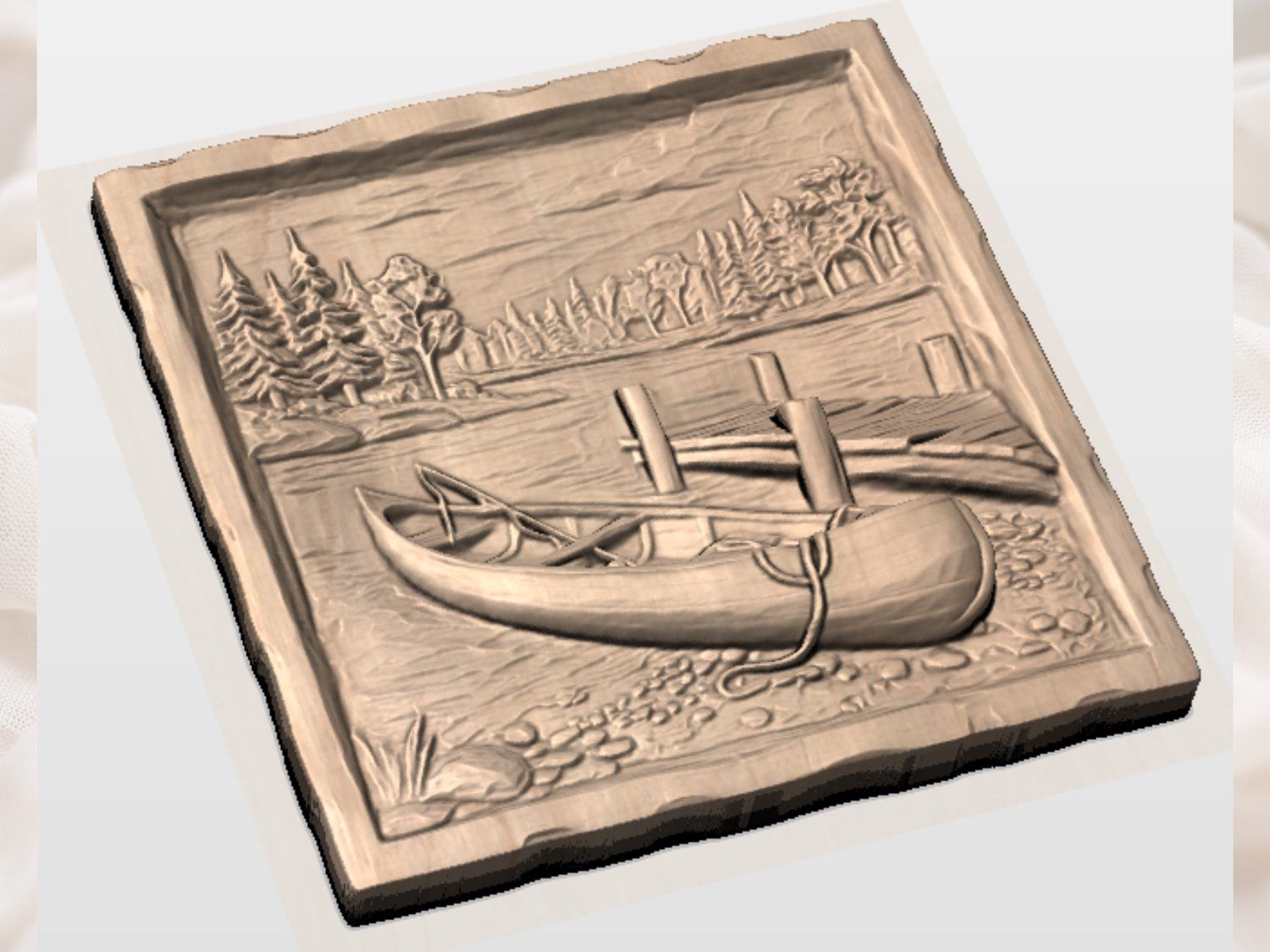 Serene Lakeside Canoe Wall Art bas-relief STL — view 4