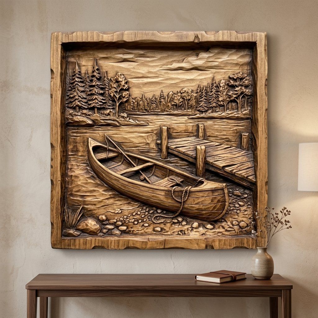 Serene Lakeside Canoe Wall Art bas-relief STL — view 6