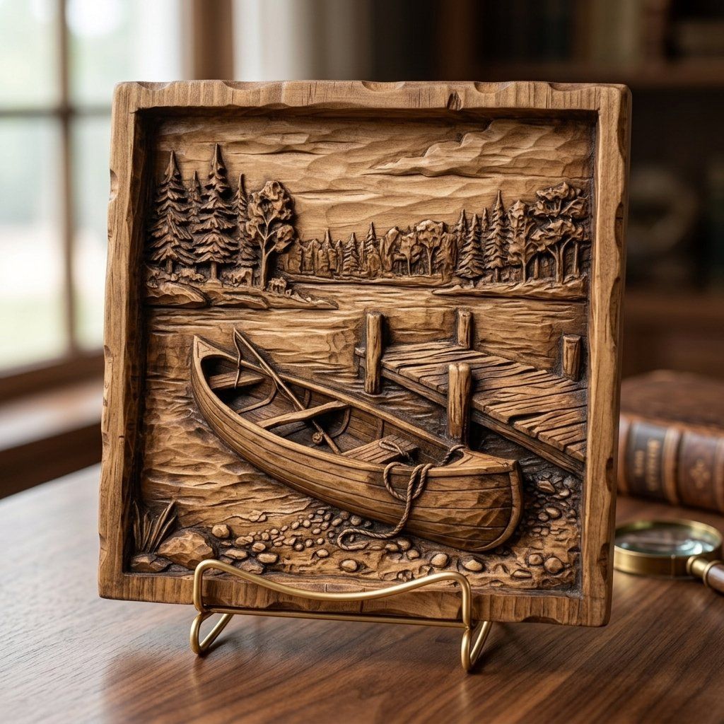 Serene Lakeside Canoe Wall Art bas-relief STL — view 7