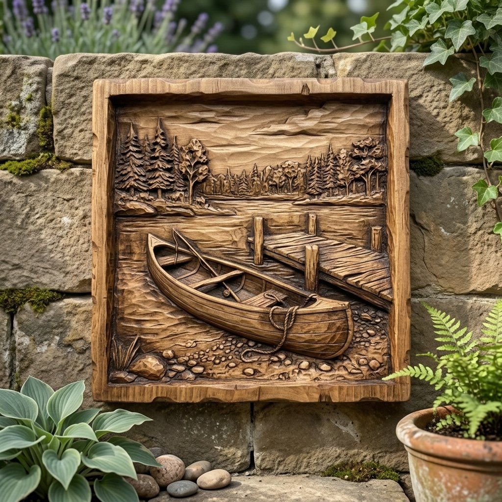 Serene Lakeside Canoe Wall Art bas-relief STL — view 8