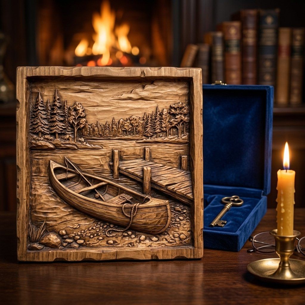 Serene Lakeside Canoe Wall Art bas-relief STL — view 9