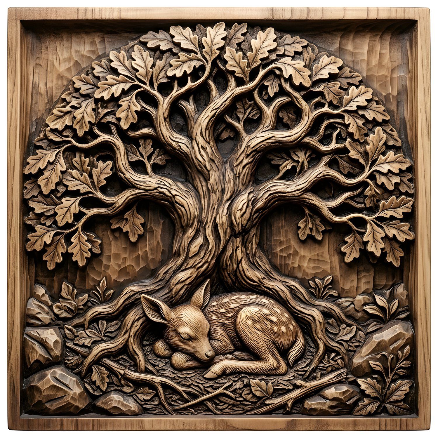 Serene Sleeping Fawn Under Oak Tree of Life CNC Relief STL | Wildlife Wall Art Panel | Nature Scene Wood Carving Decor — carved bas relief STL file for CNC