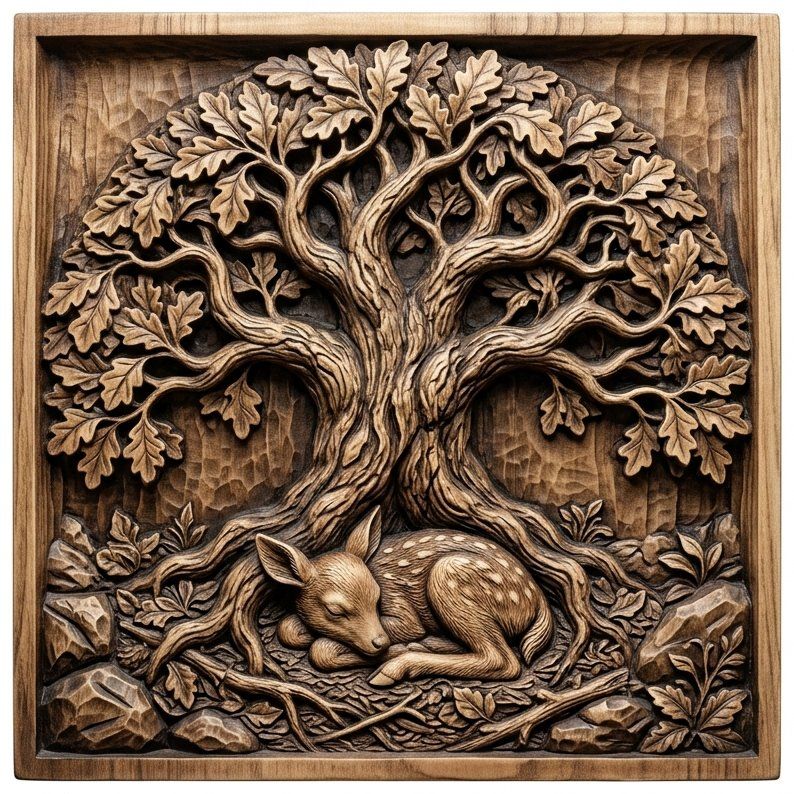 Serene Sleeping Fawn Under Oak Tree of Life CNC Relief STL bas-relief STL — view 3