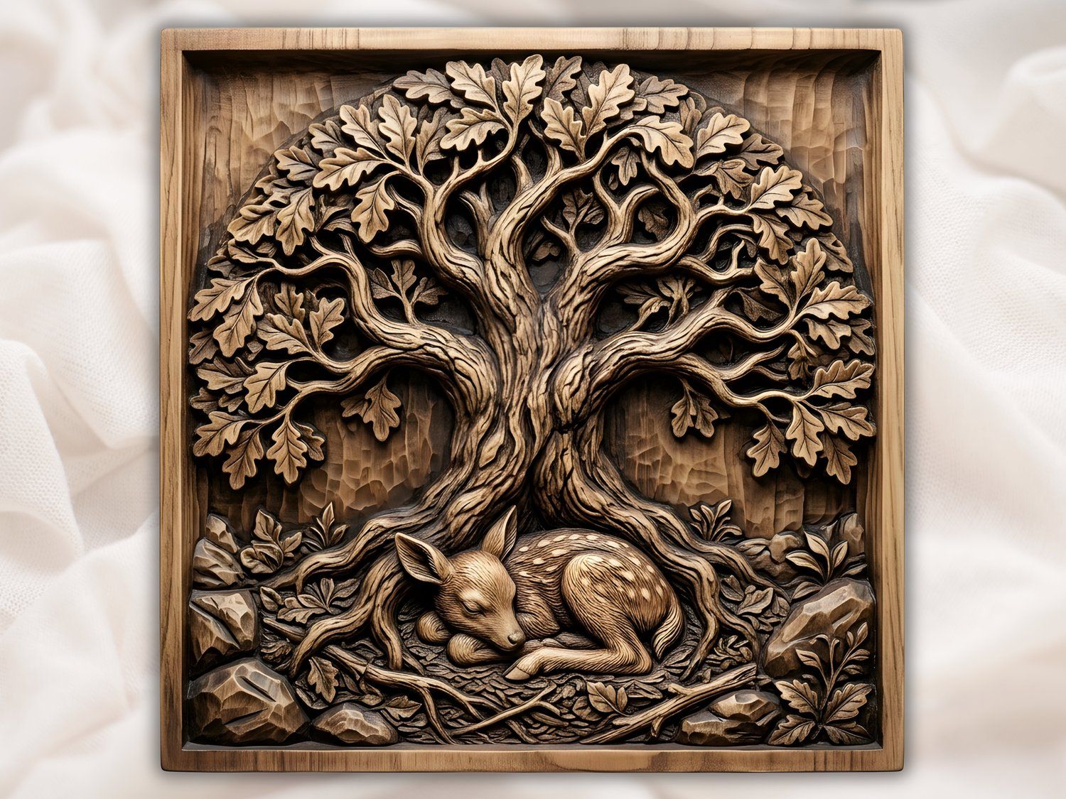 Serene Sleeping Fawn Under Oak Tree of Life CNC Relief STL bas-relief STL — view 6