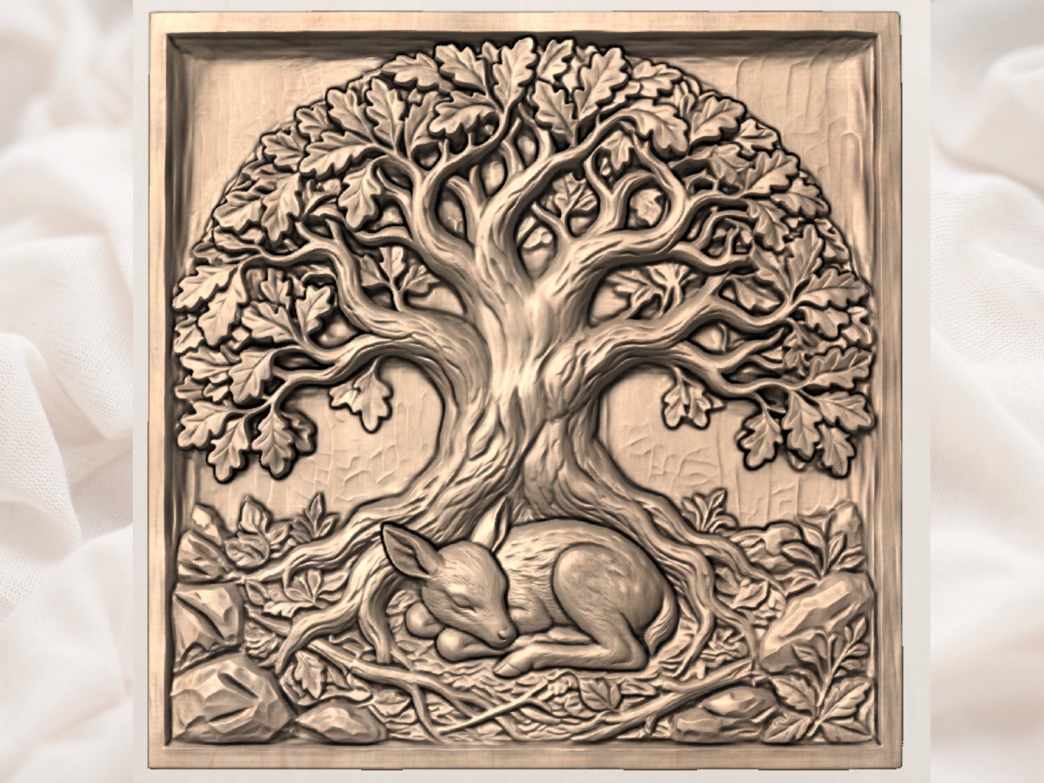 Serene Sleeping Fawn Under Oak Tree of Life CNC Relief STL bas-relief STL — view 7