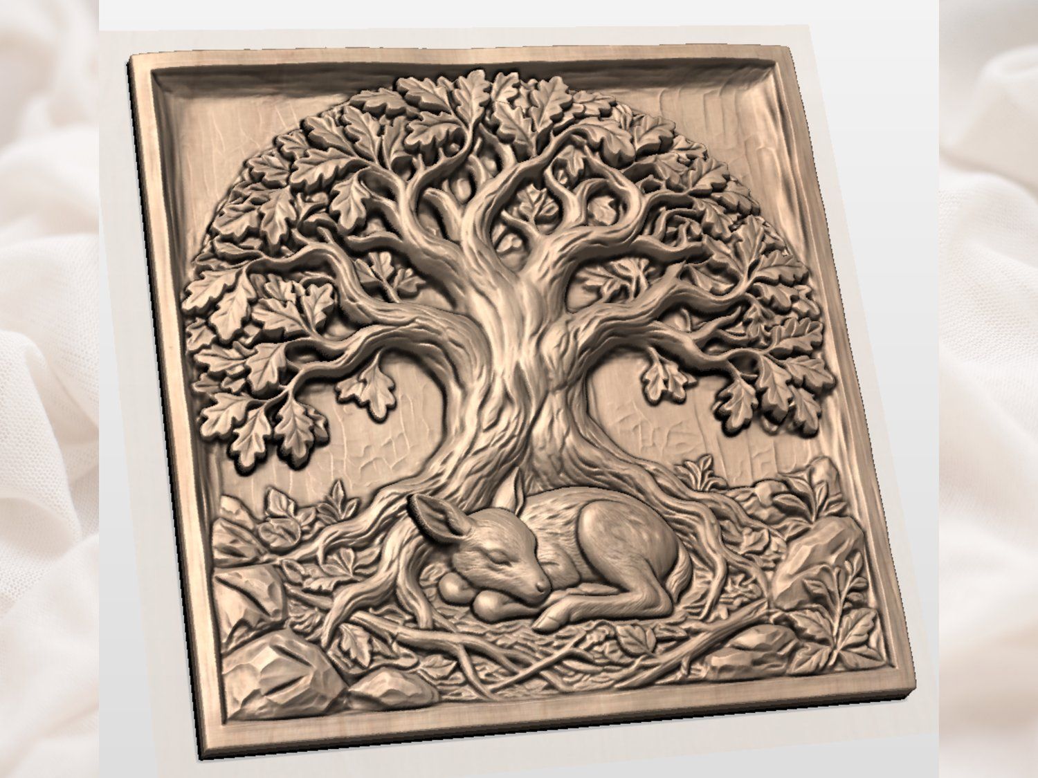 Serene Sleeping Fawn Under Oak Tree of Life CNC Relief STL bas-relief STL — view 8