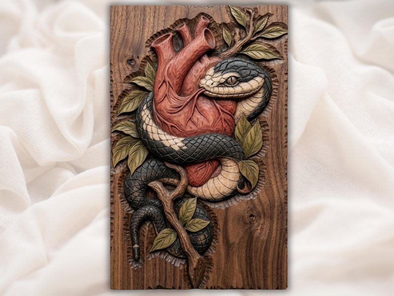 Bas-relief wood carving of a snake coiled around an anatomical human heart with leaves and branches