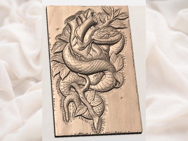 Serpent Coiled Around an Anatomical Heart Bas-Relief STL bas-relief STL — view 2