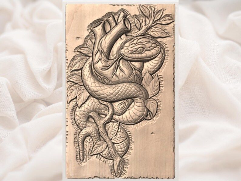 Serpent Coiled Around an Anatomical Heart Bas-Relief STL bas-relief STL — view 3