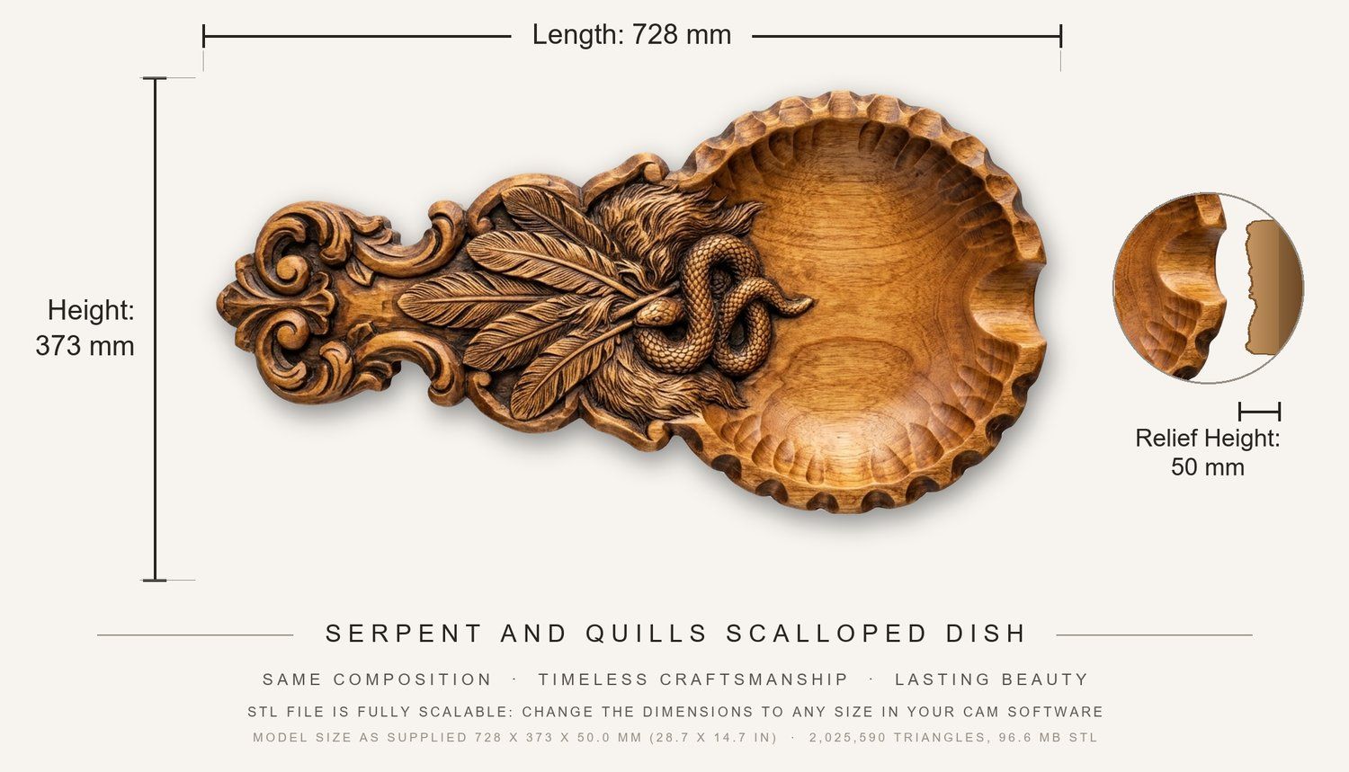 Serpent and Quills  valet tray  CNC Relief STL bas-relief STL — view 3