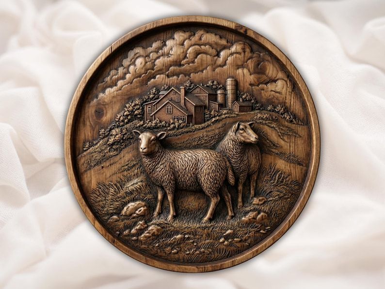 Round wood relief carving of two sheep grazing in a field with a farmhouse, silo, and cloudy sky behind them