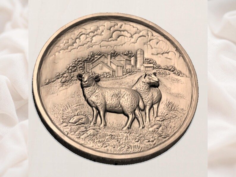 Two Sheep and Farmhouse Round Relief Carving STL bas-relief STL — view 2