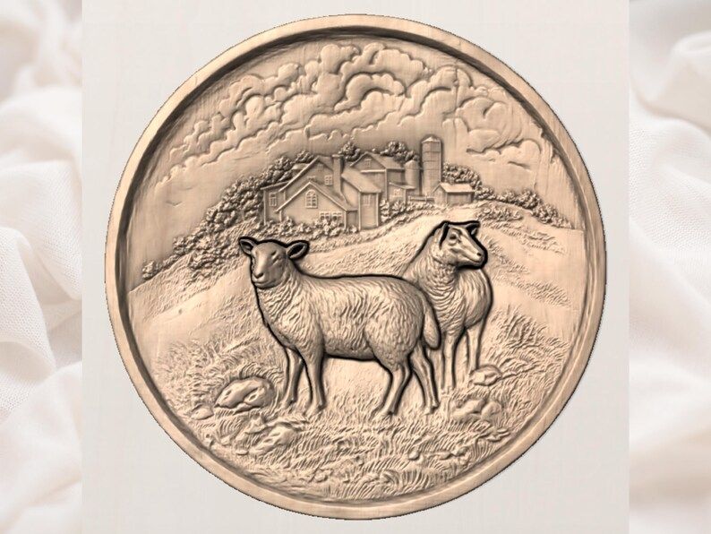 Two Sheep and Farmhouse Round Relief Carving STL bas-relief STL — view 3