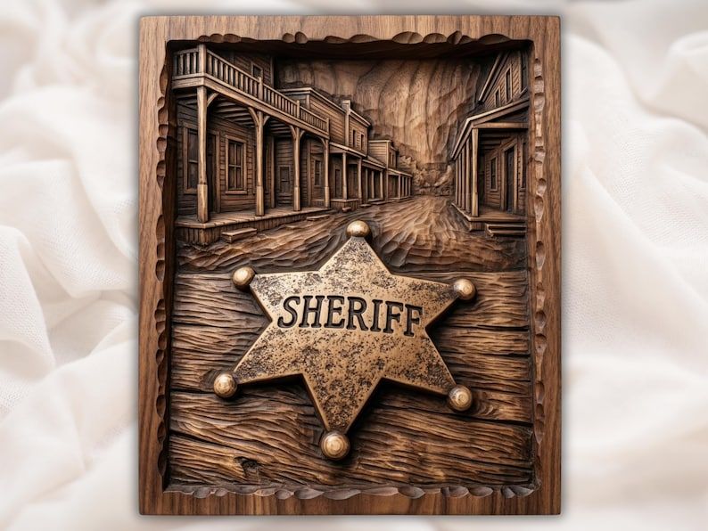 Carved sheriff star badge with SHERIFF text over an Old West frontier town street and wooden storefronts