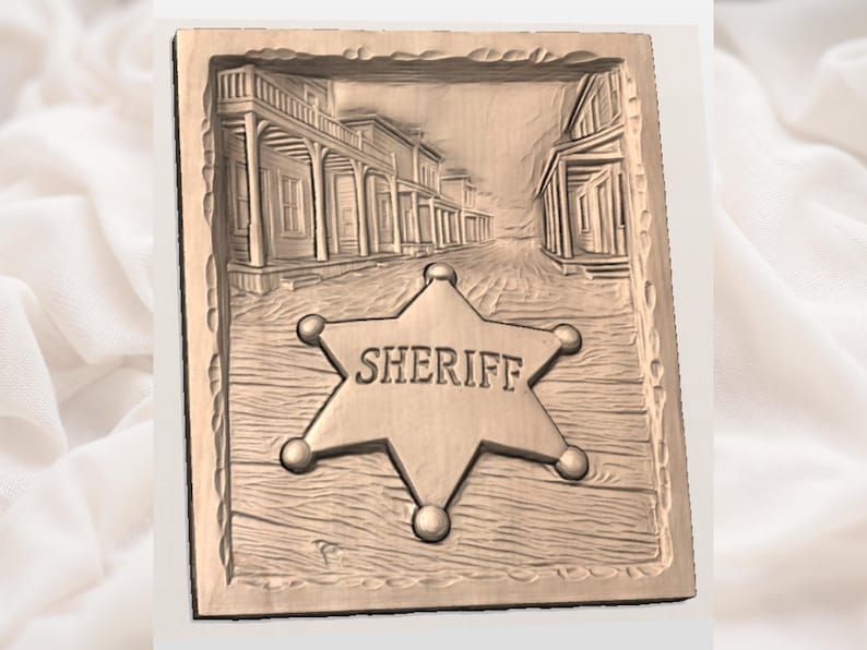 Sheriff Star Badge Over an Old West Town Street Relief bas-relief STL — view 2