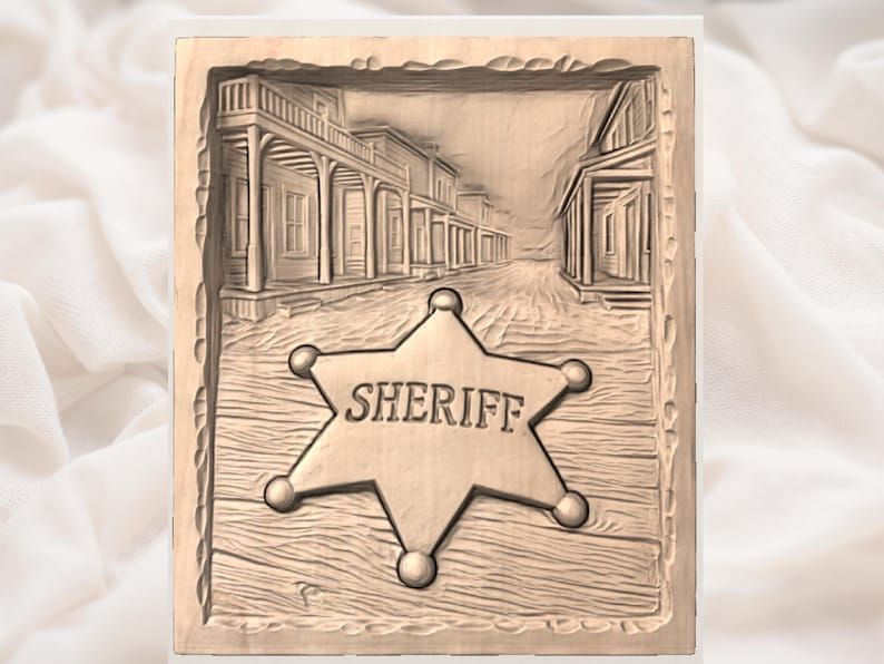 Sheriff Star Badge Over an Old West Town Street Relief bas-relief STL — view 3