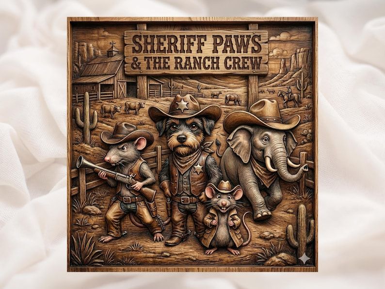 Carved wood relief of a sheriff dog, cowboy mice, and a hat-wearing elephant in a western ranch scene with a sign.