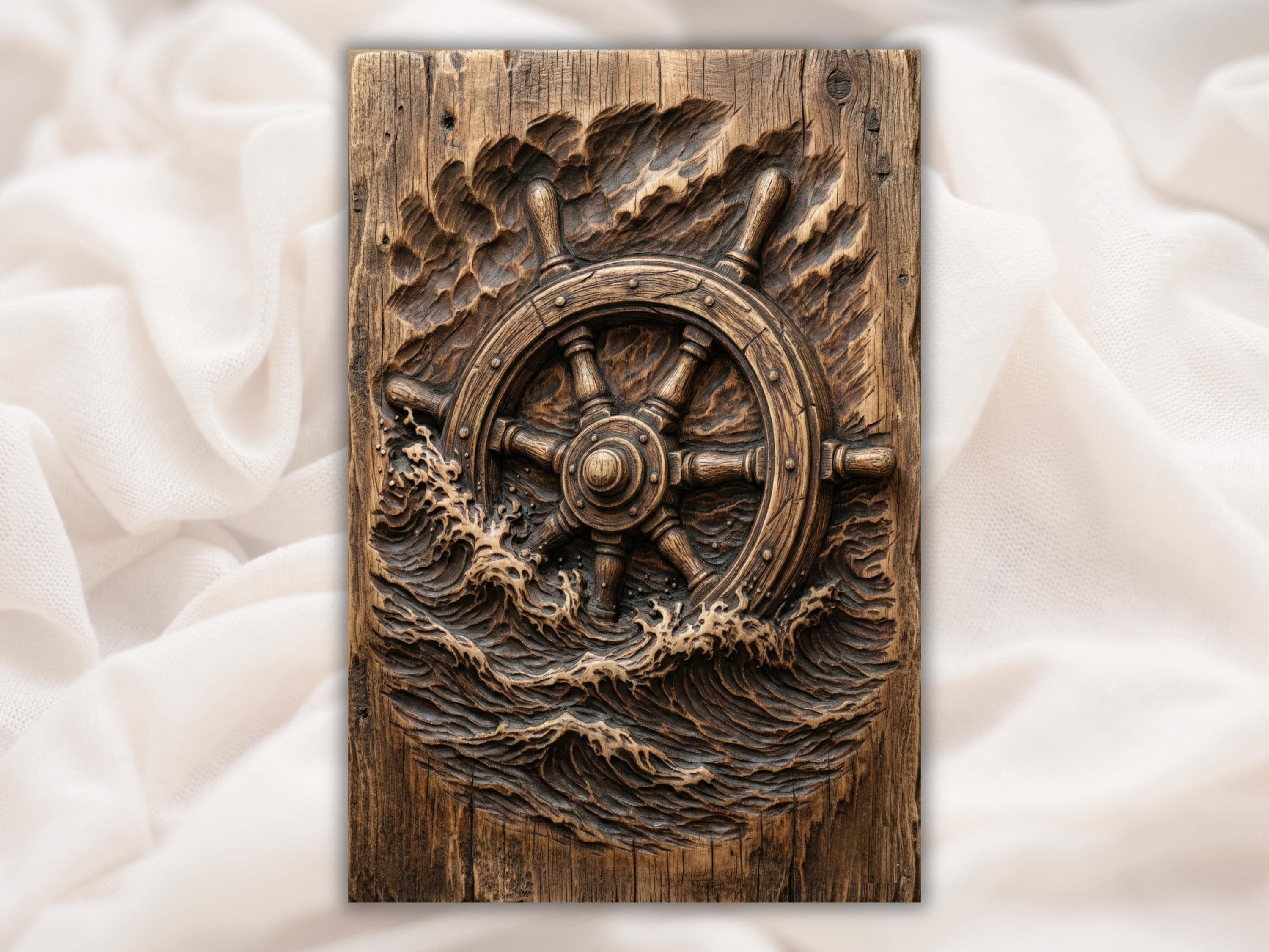 Carved wood bas-relief of a ship's steering wheel above breaking ocean waves on a panel