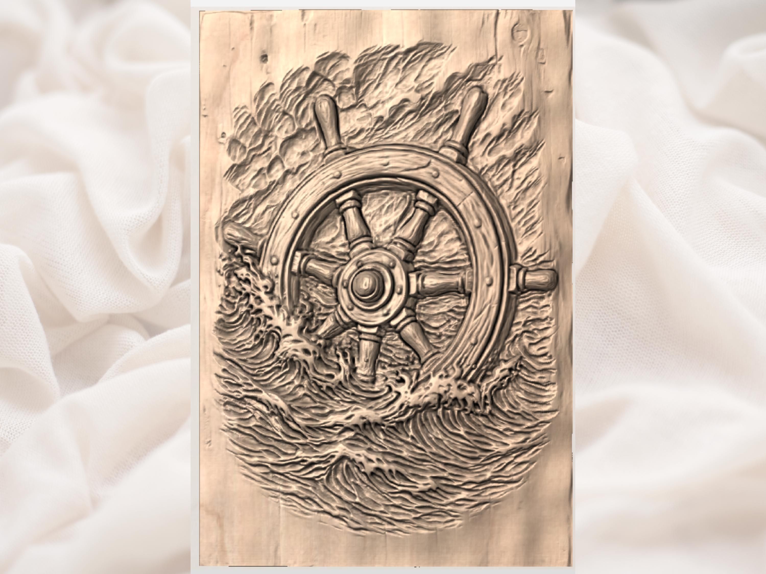 Ship Wheel and Ocean Waves Bas-Relief Nautical STL bas-relief STL — view 2