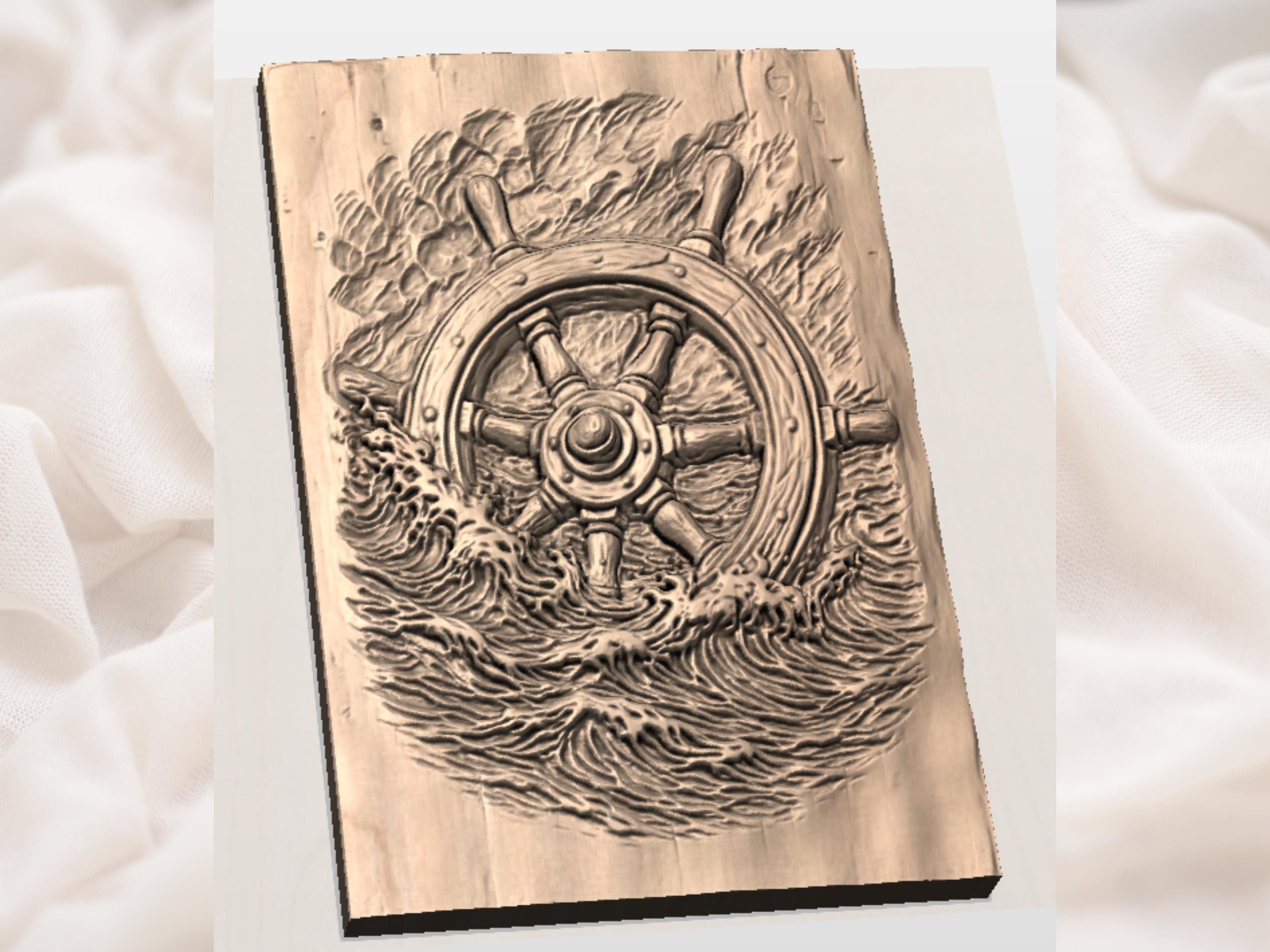 Ship Wheel and Ocean Waves Bas-Relief Nautical STL bas-relief STL — view 3